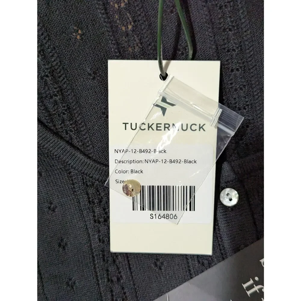 Tuckernuck Sweater Womens XS Black Open Knit Scoop Henley Puff Sleeve Top NWT